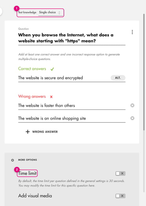 Question panel: Single or Multiple choice menu, correct answers, wrong answers and Time limit option