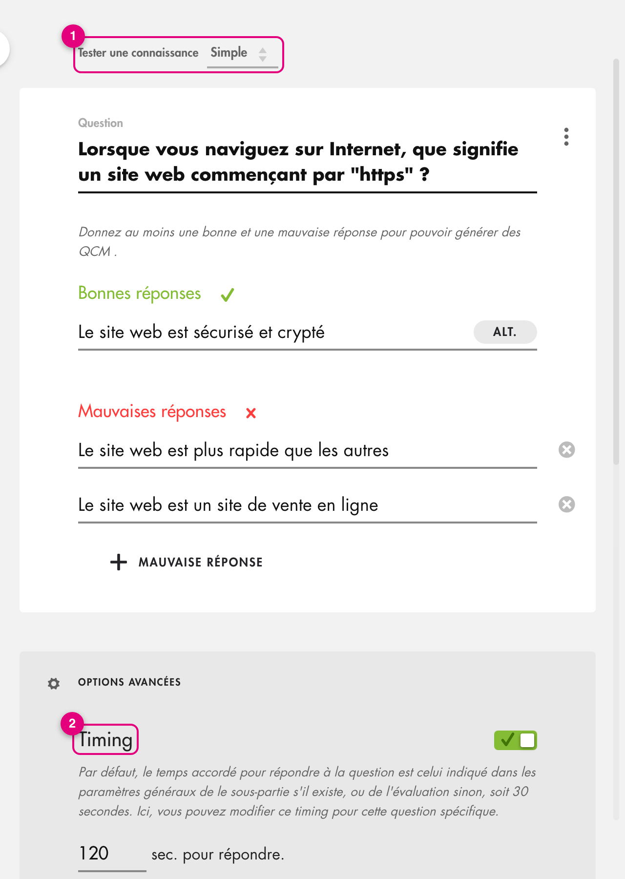 Panneau d'une question : menu Simple ou Multiple, bonnes réponses, mauvaises réponses et Timing réglé à 120 secondes