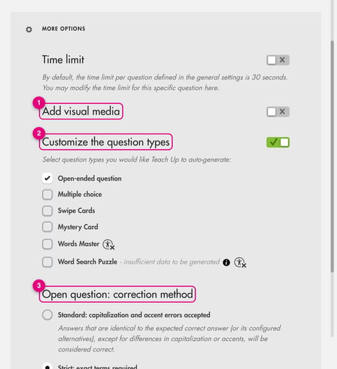 More options of a question: Add visual media, Customize the question types (Open-ended question checked) and Open question correction method