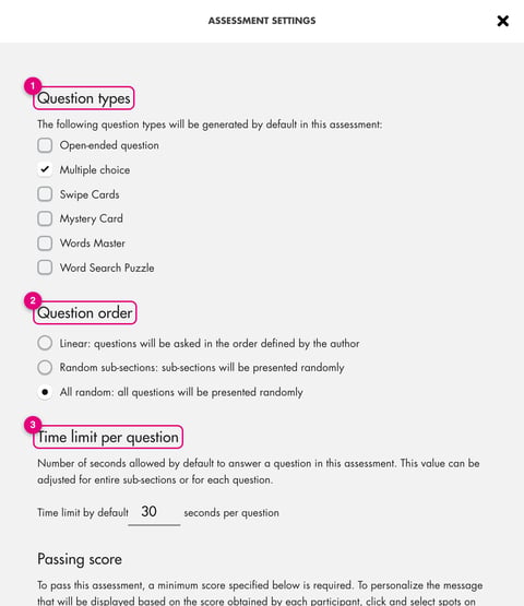Assessment settings window: question types, question order and time limit per question