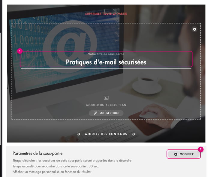 Sous-partie Pratiques d'e-mail sécurisées : champ du titre et bouton Modifier des paramètres