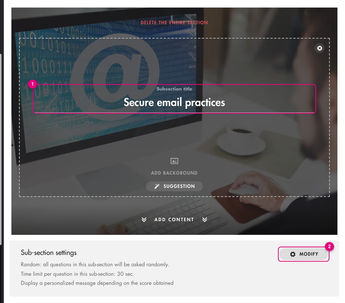 Secure email practices subsection: title field and Modify button of the settings