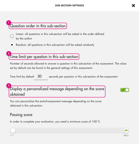Sub-section settings window: question order, time limit and personalized message depending on the score