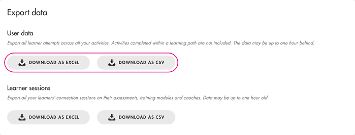 "Export data" section of the Integrations and advanced options tab: User data and Learner sessions exports, Download as Excel and Download as CSV buttons