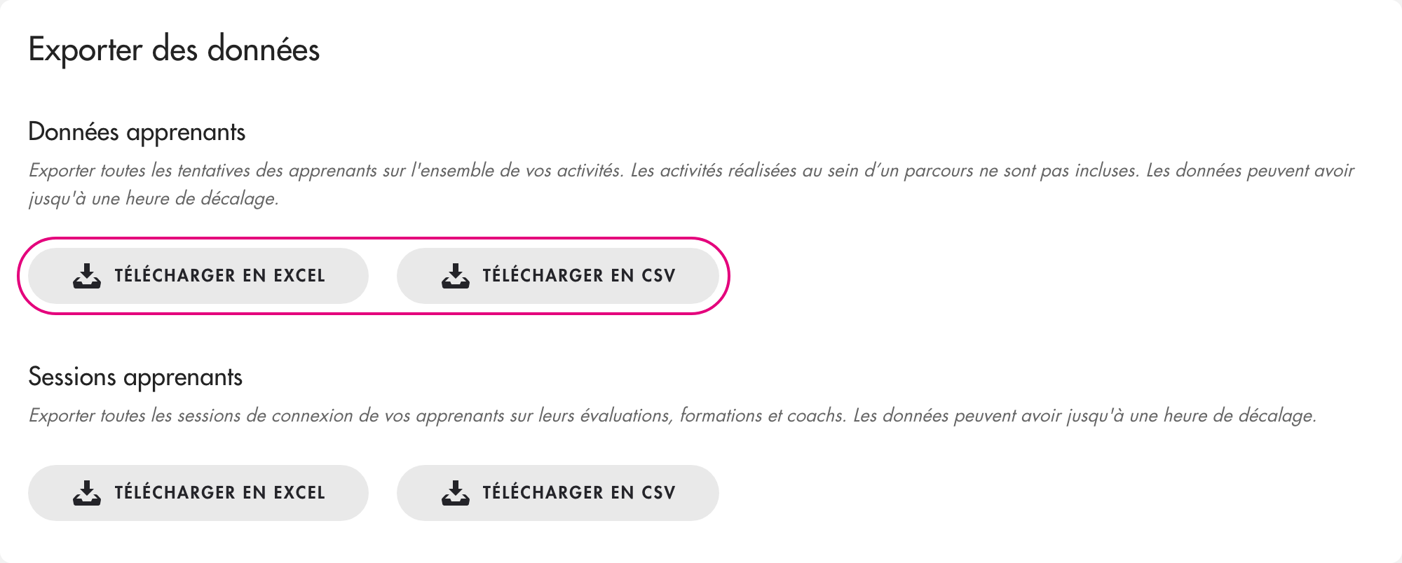 Rubrique « Exporter des données » de l'onglet Intégrations et options avancées : exports Données apprenants et Sessions apprenants, boutons Télécharger en Excel et Télécharger en CSV