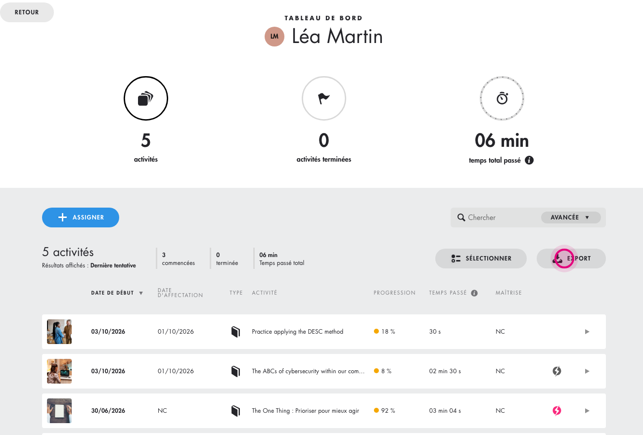 Fiche d'un apprenant avec le bouton Export au-dessus de la liste de ses activités
