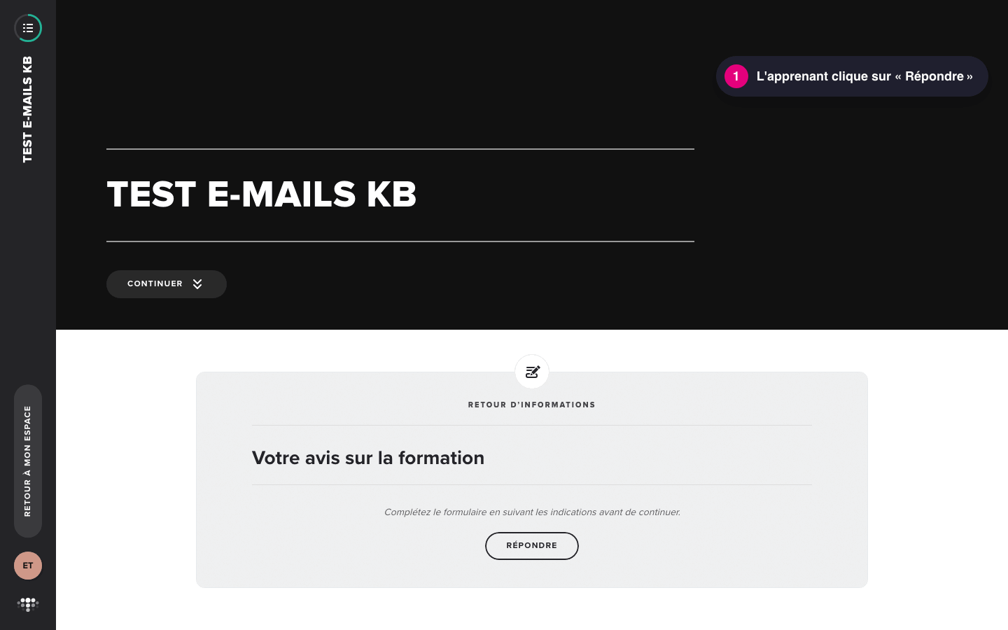 Parcours apprenant : Répondre, remplir les champs, Confirmer, puis Revoir ou Télécharger en PDF
