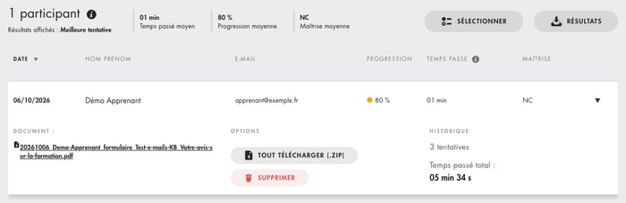 Ligne d'un participant dépliée avec le PDF du formulaire et le bouton Tout télécharger (.ZIP)