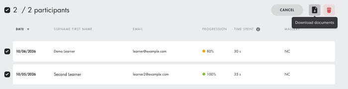 Select mode with all participants ticked and the Download documents icon