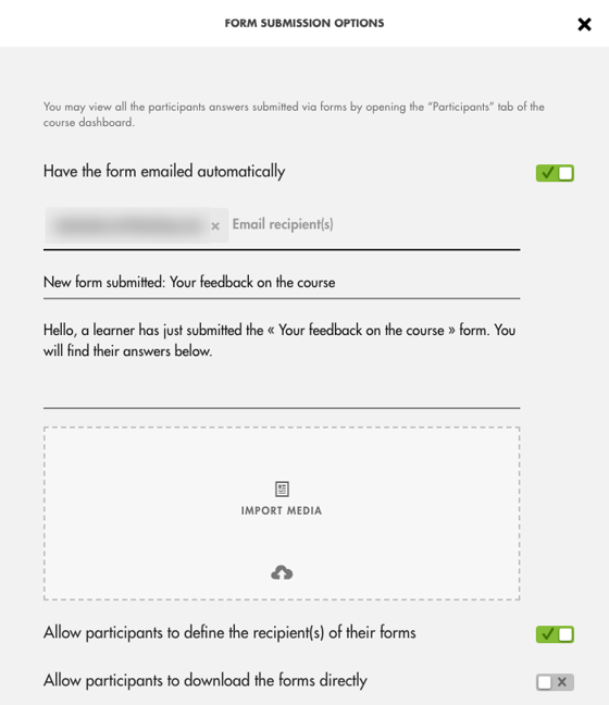 Form submission options window with automatic email sending enabled