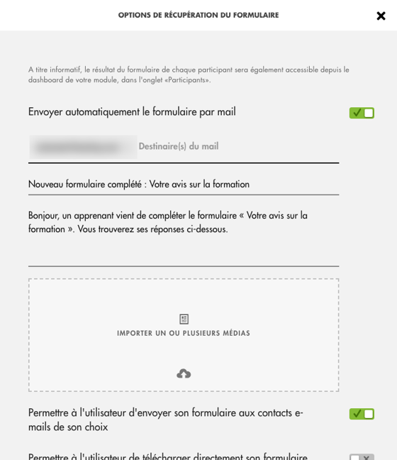 Fenêtre Options de récupération du formulaire avec l'envoi automatique par mail activé