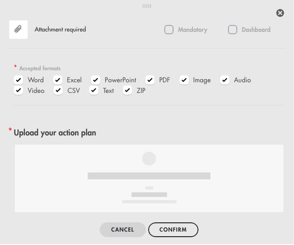 File upload settings: accepted formats and field label