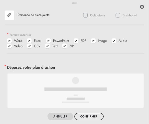 Réglages d'une demande de pièce jointe : formats autorisés et titre du champ