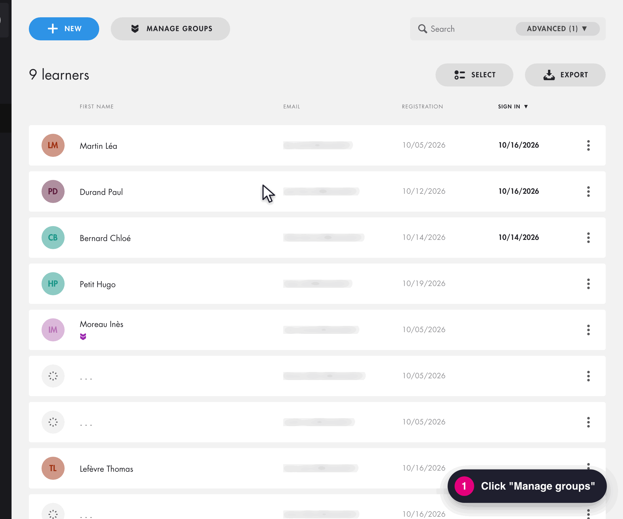 Create a group: Manage groups, Create a group, choose a color, enter the group name, then Confirm