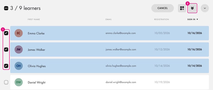 Learner list in selection mode: three learners ticked and the Select groups icon
