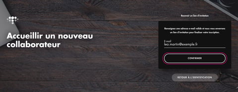 Page « Recevoir un lien d'invitation » : champ E-mail et bouton « Confirmer »