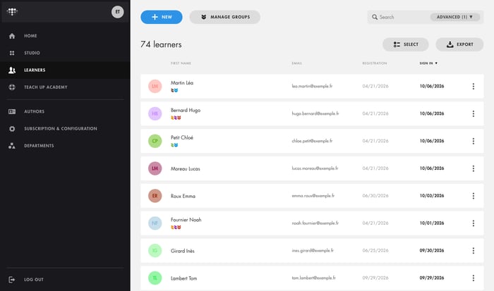 Learners tab: list of learners with name, email, registration date and last sign-in date