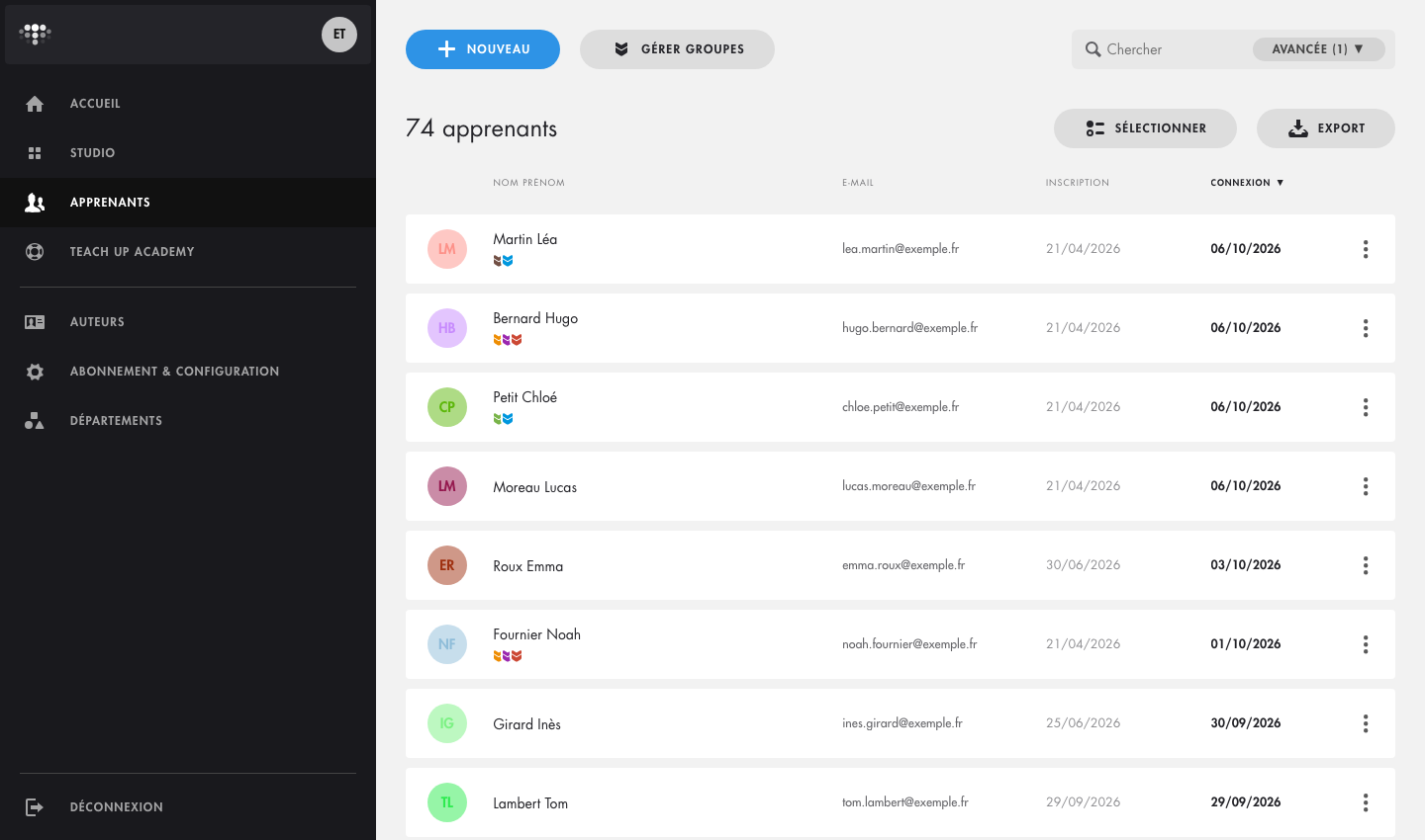 Onglet Apprenants : liste des apprenants avec nom, e-mail, date d'inscription et date de dernière connexion