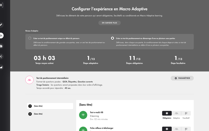 Test au démarrage des sous-parties : statut Obligatoire, Adaptive ou Facultatif pour chaque étape
