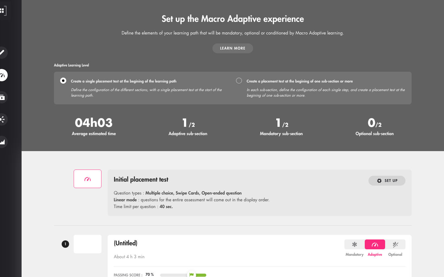 Set up the Macro Adaptive experience page: Adaptive Learning level, counters and initial placement test