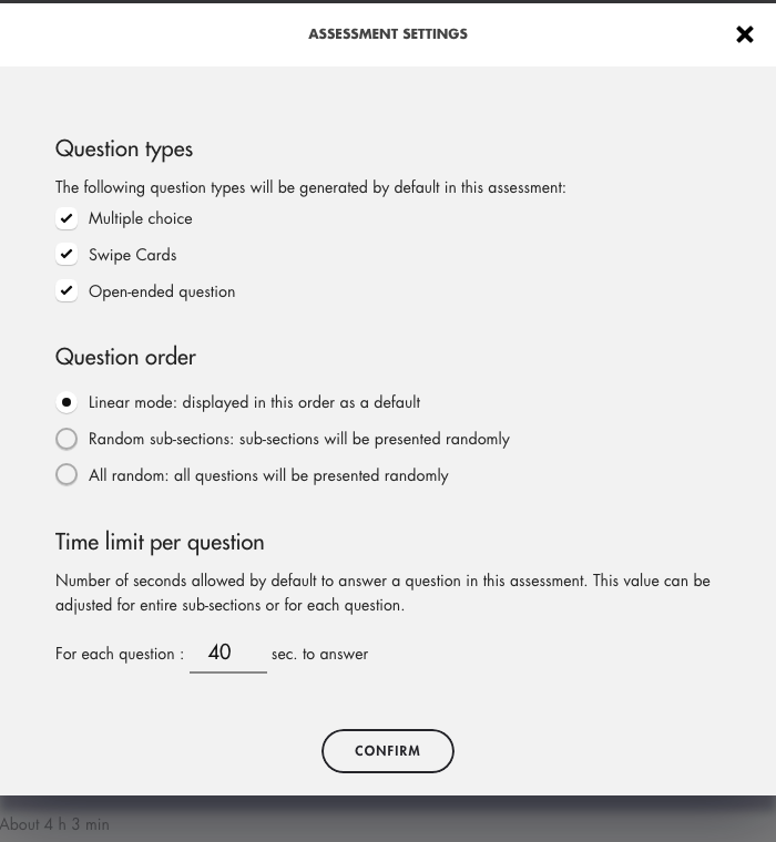 Assessment settings window: question types, question order, time limit per question
