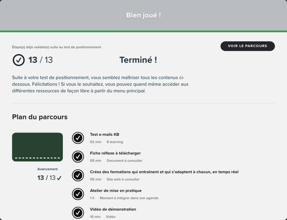 Résultat du test réussi : Bien joué, étapes déjà validées suite au test de positionnement