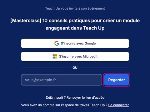 Page Livestorm d'un replay : inscription avec Google, avec Microsoft ou par e-mail, puis bouton « Regarder »