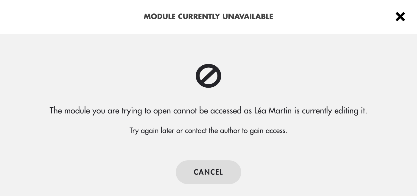 Module currently unavailable window: the course is being edited by another author