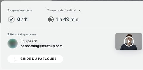 Progression totale (0 / 11), temps restant estimé (1 h 49 min), référent du parcours et bouton «&nbsp;Guide du parcours&nbsp;»