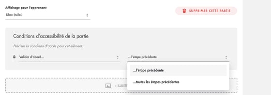 Conditions d'accessibilité d'une partie : Valider d'abord, puis l'étape précédente ou toutes les étapes précédentes