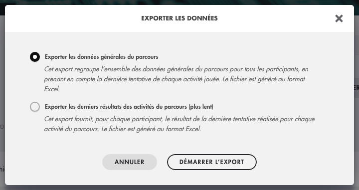 Fenêtre Exporter les données d'un parcours