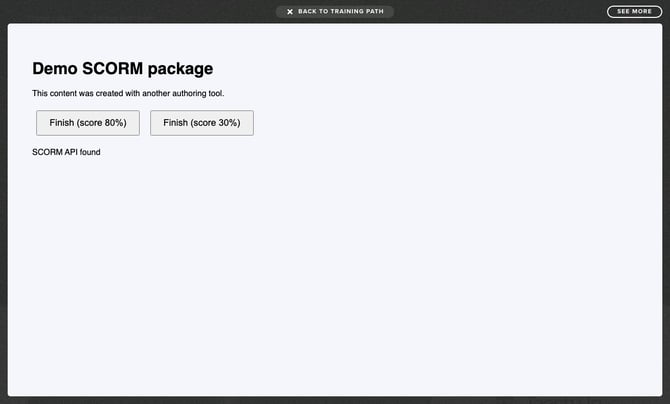 SCORM package opened in the training path, with the Back to training path and See more buttons