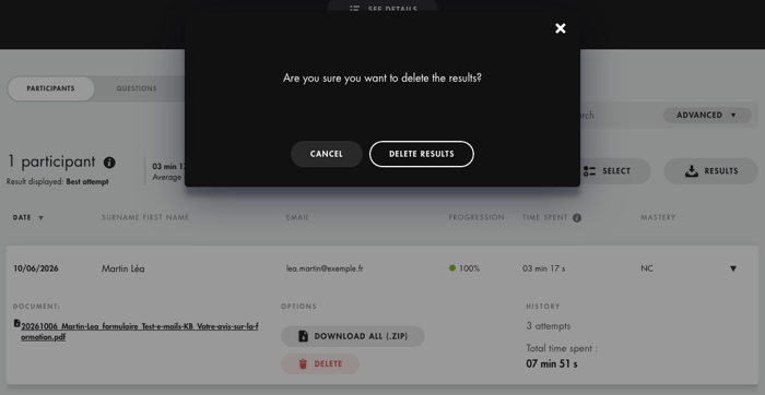 Learner row expanded in the dashboard, with the Delete button and the Delete results confirmation window