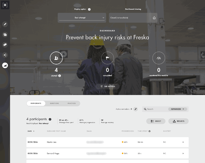 Course dashboard: choosing the display option, the Results button, then the Advanced filters