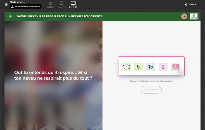Mode aperçu d'une image : les zones à ouvrir, puis le bouton Continuer