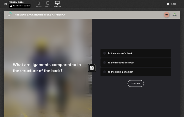 Preview mode: after the content, the test moves on to an attached question, asked as multiple choice