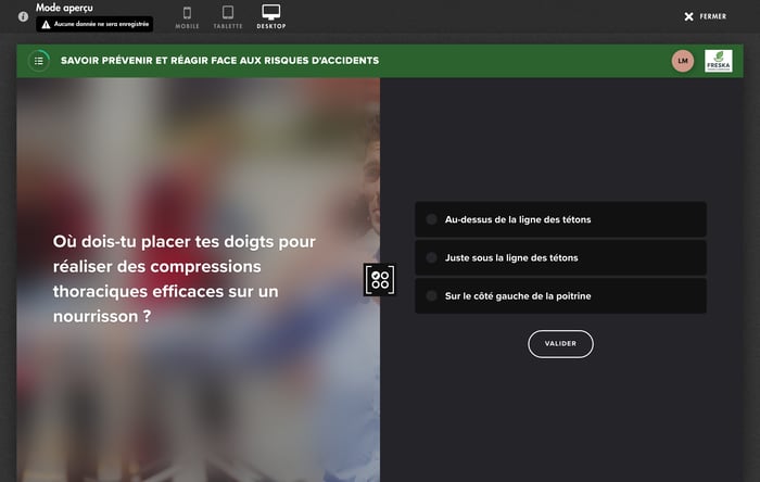 Mode aperçu : après le contenu, le test enchaîne sur une question rattachée, posée en QCM