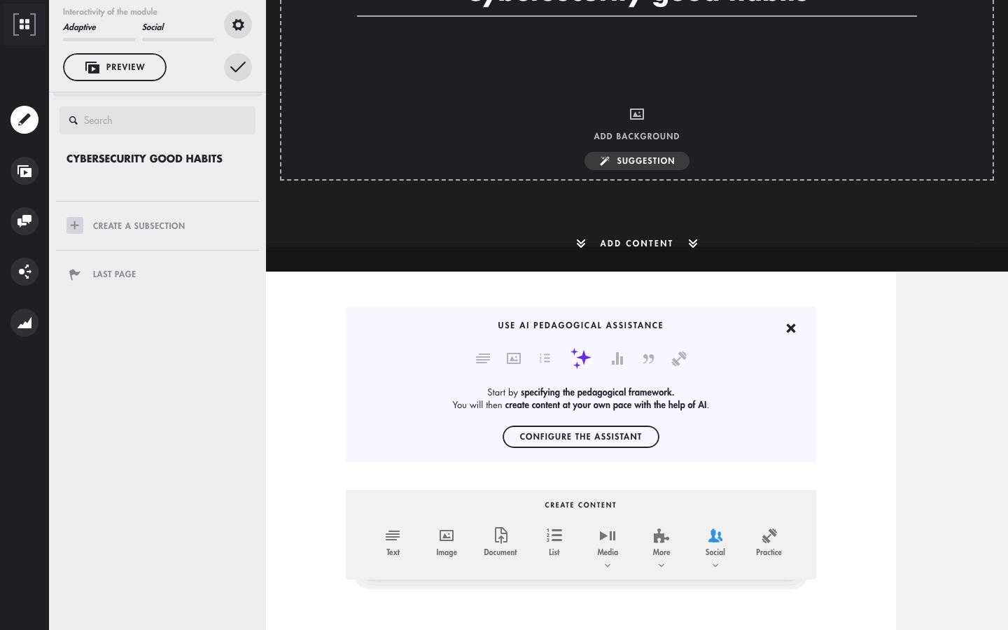 Configure the AI Assistant: learning objectives, material import, audience and writing tips, then Confirm