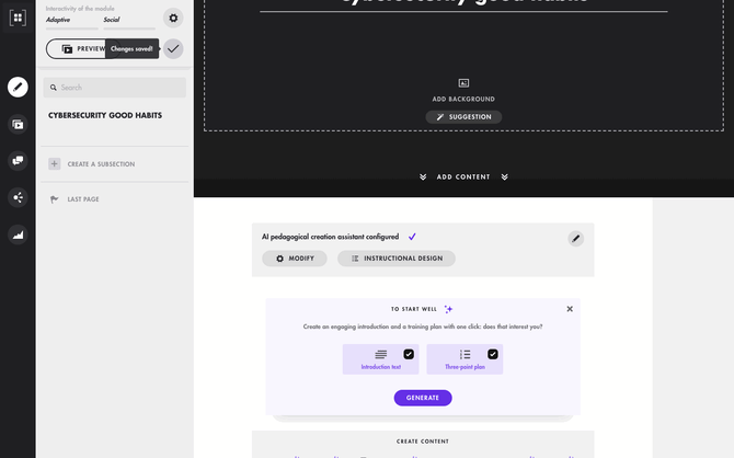 Generate the introduction and the plan in one click, then display the instructional design and its themes