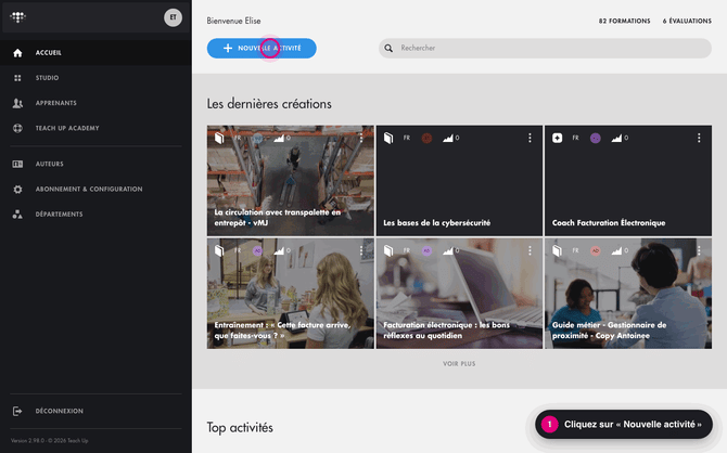 Créer un module : Nouvelle activité, Module e-learning, Créer, choix du département, titre puis C'est parti