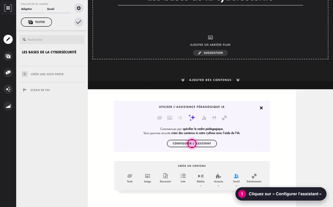 Configurer l'Assistant IA : objectifs pédagogiques, import du support, public et conseils de rédaction, puis Confirmer