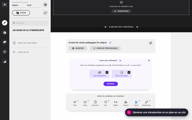 Générer l'introduction et le plan en un clic, puis afficher le déroulé pédagogique et ses thématiques