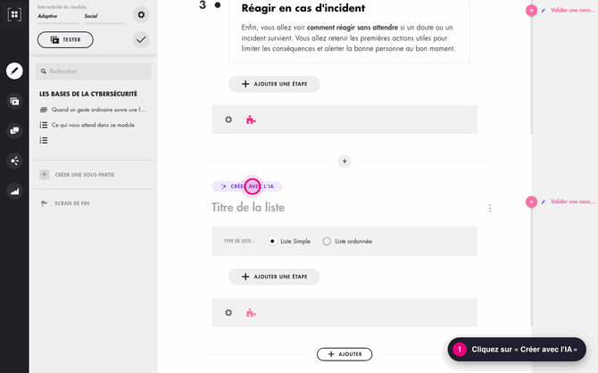 Générer une liste avec l'IA : Ajouter, Liste, Créer avec l'IA, Utiliser le déroulé pédagogique, choix d'une thématique puis Générer