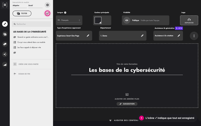 Enregistrer puis tester le module en mode aperçu : introduction et plan générés par l'IA