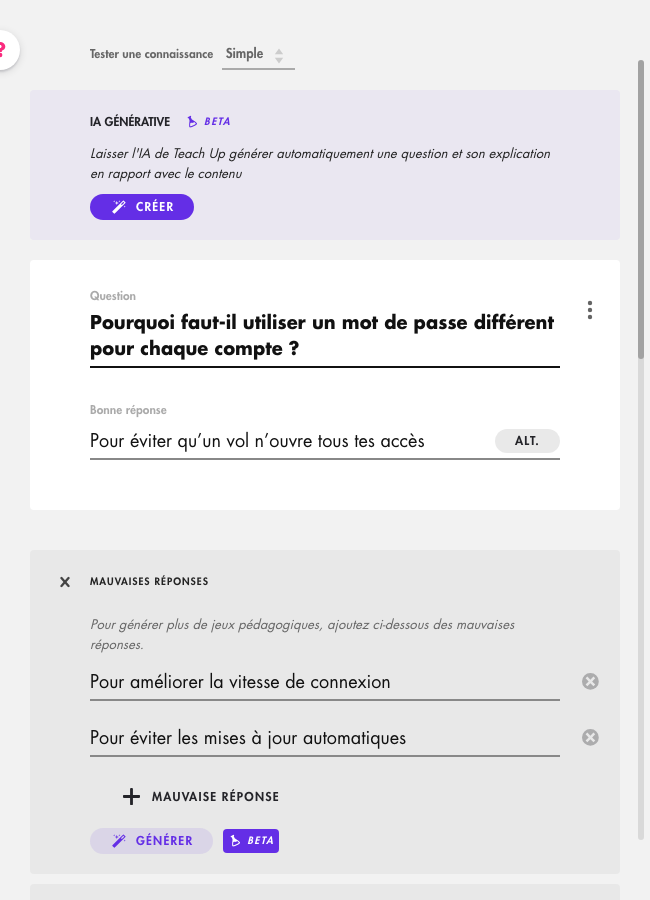 Éditeur de question : type Simple, encart IA générative avec le bouton Créer, champs Question et Bonne réponse avec le bouton ALT, puis Mauvaises réponses