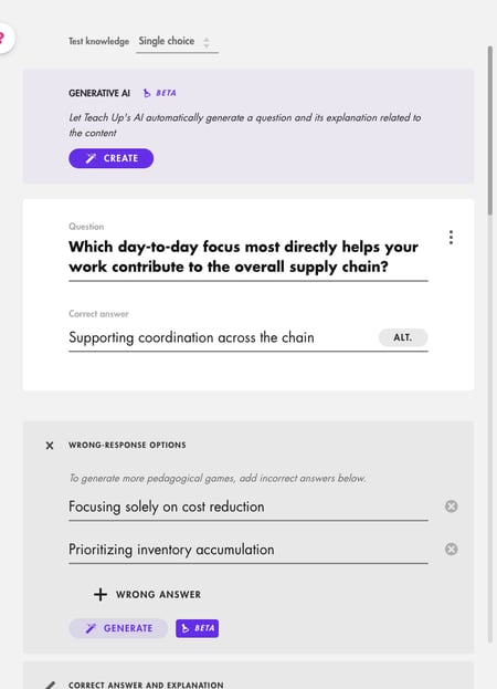 Question editor: Single choice type, Generative AI box with the Create button, Question and Correct answer fields with the ALT button, then Wrong-response options