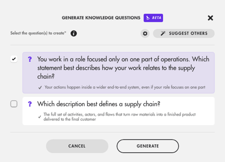 Generate knowledge questions window: questions suggested by the AI to select, Suggest others and Generate buttons