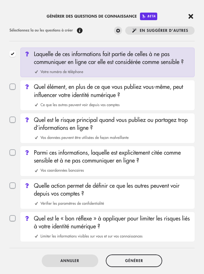Fenêtre Générer des questions de connaissance : liste de questions proposées par l'IA à cocher, boutons En suggérer d'autres et Générer