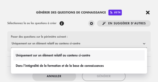Réglage du périmètre : uniquement sur le contenu ci-contre, ou dans toute la formation et la base de connaissances