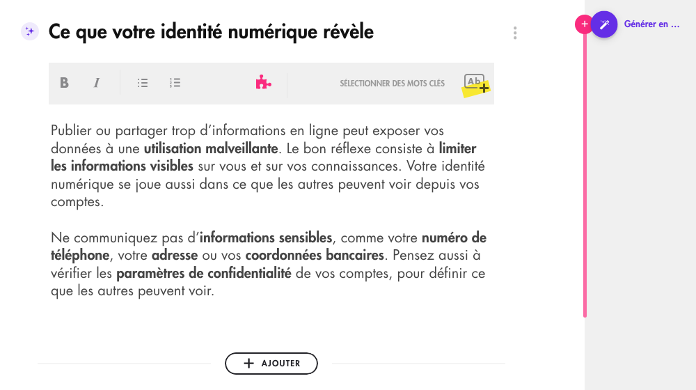 Dans la marge droite d'un contenu, le bouton plus rose Valider une connaissance et la baguette violette Générer en un clic